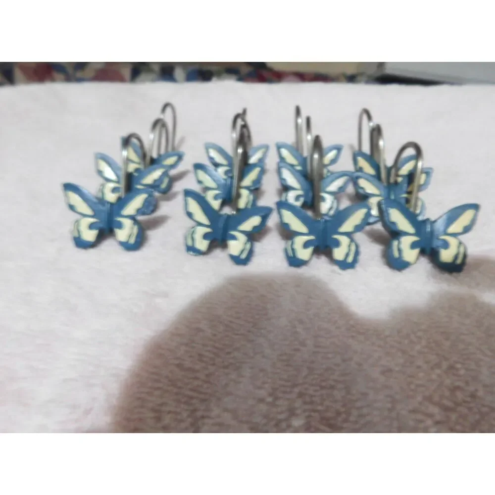 12 Vintage Blue and White Butterfly shower Curtain Hooks excellent condition